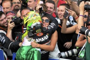 Sergio Perez (MEX) Force India  celebrando su tercer puesto. Circuito de Bakú, G.P. de Europa, otava prueba de la temporada, en  la República de Azerbaiyán, el domingo 19 de junio de  2016   *** Local Caption *** RUBIO